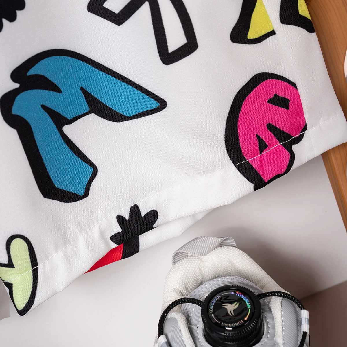 Clothing Sets Summer Boys Fashion Shirt Suit Single-breasted Lapel Short Sleeve Letter Full Print Shorts 2pcs Childrens Street Style SuitY241225MH1T