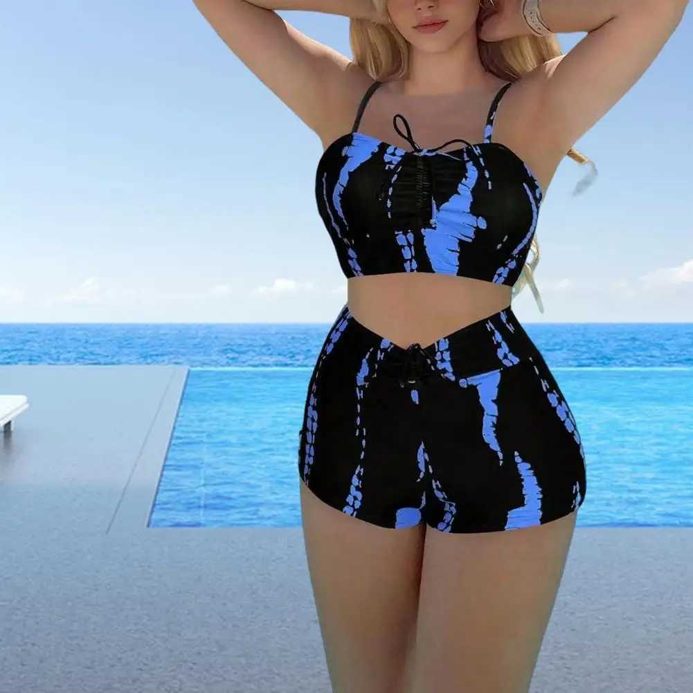 High waisted swimsuit contrasting lace spaghetti strap bikini set with push up pad top waist bottom femaleW241225
