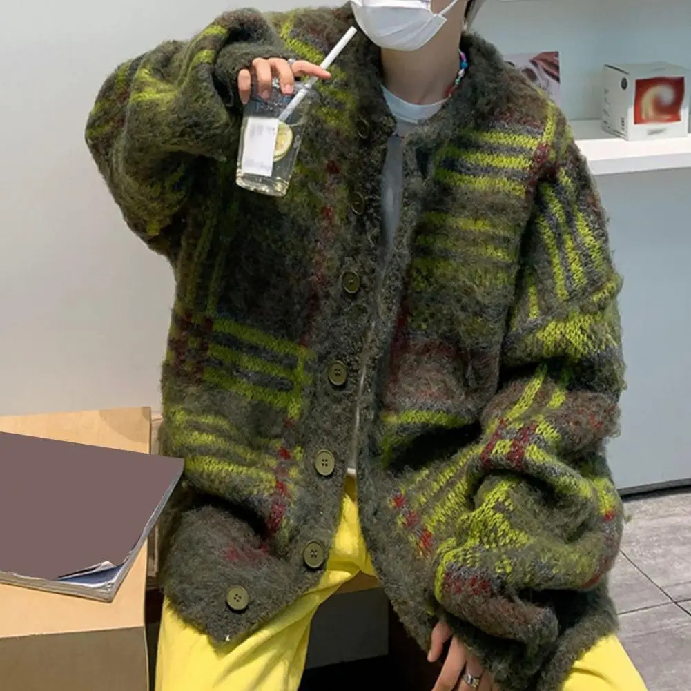 Street Style Sweater Retro American Style Knitwear Cardigan for Fall Winter Thick Elastic Sweater Coat with Long Sleeves Loose 241224