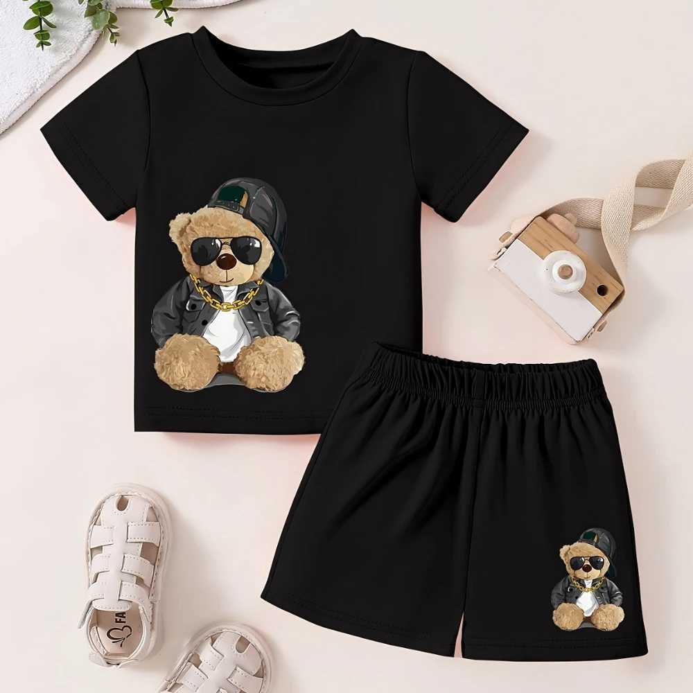 Clothing Sets Summer Baby Girls Clothes Set Children Boy Bear Print Short Sleeve T-shirts and Shorts 2pc Suit Kid Top Buttom Outfits TracksuitY241225M