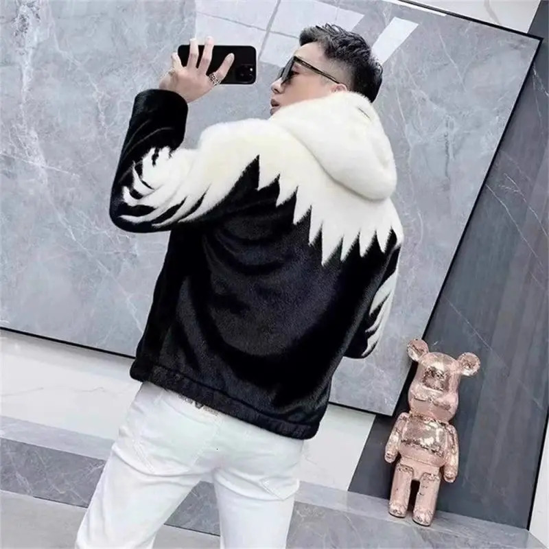 PFHQ Winter Mink Fur Hooded Mens Coat Onepiece Casual Jacket Warm 2024 Contrast Color Long Sleeve Male Tops 241225