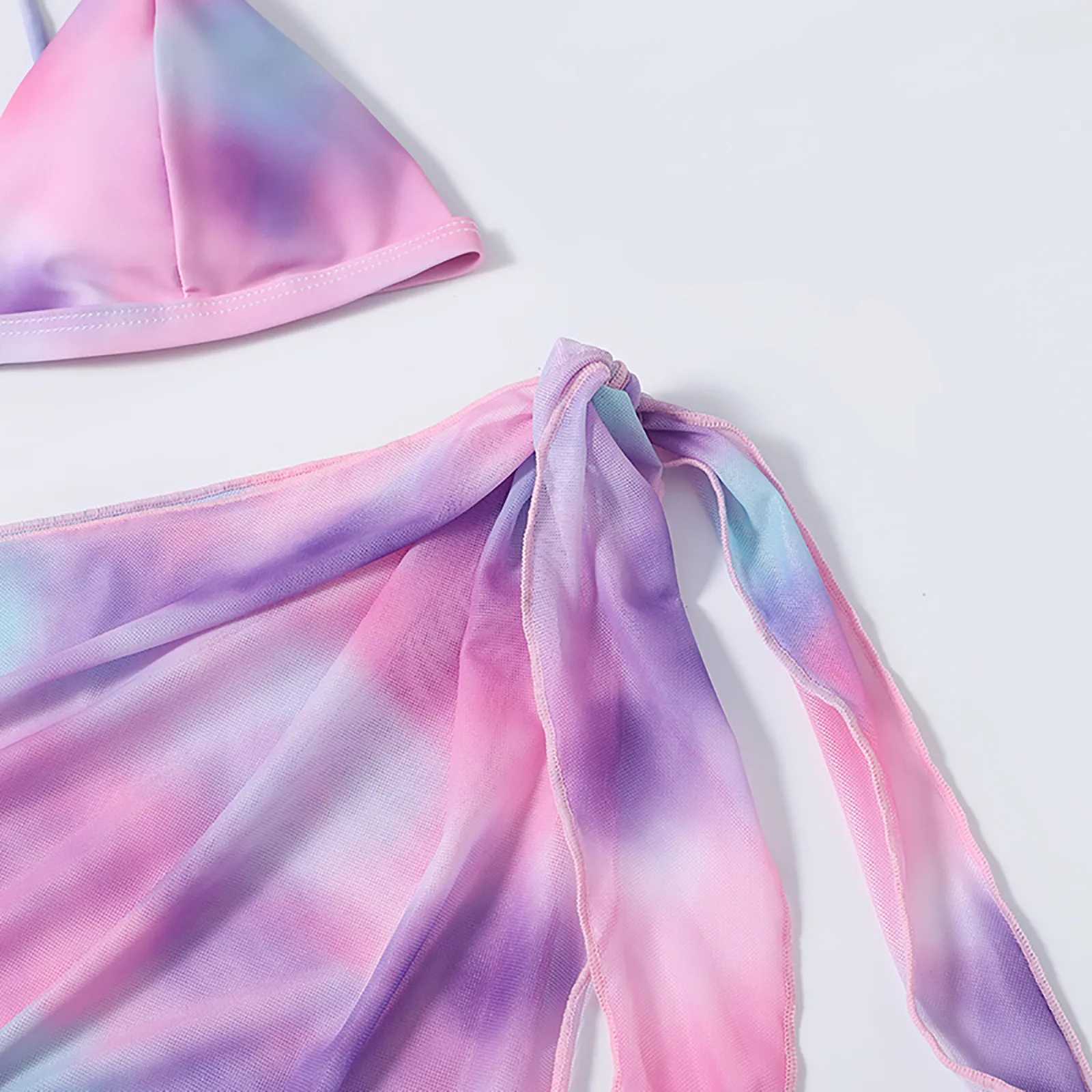 Cute bikini top swimsuit womens bikini mesh style tight fitting womens waist three piece split tie dye printingW241225