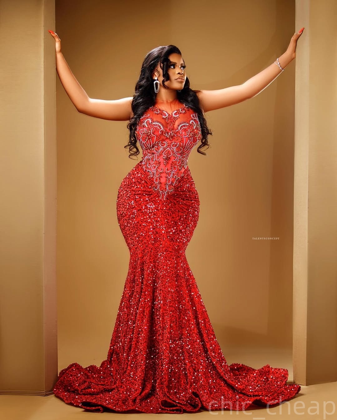 Mermaid Red Prom Dresses 2025 Beaded Sequined Lace Sheer Neck Evening Formal Party Second Birthday Engagement Gowns Plus Size Dress For Special Occasi