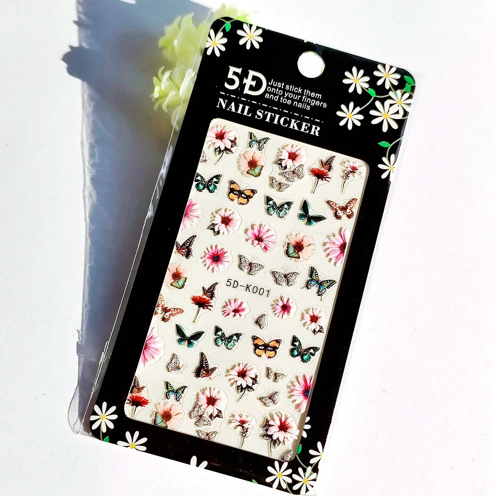 10PCS Plant Totem Nail Art Stickers Chrysanthemum White Nail Art Decorative Decals 5D Glue Back Butterfly Cat Dog Nail Slider 241225