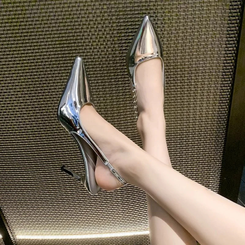 Shiny High Heels Sgback Sier Women Pumps Metallic Crystal Sandals Pointy Toe Stiletto Heeled Party Dress Shoes Woman