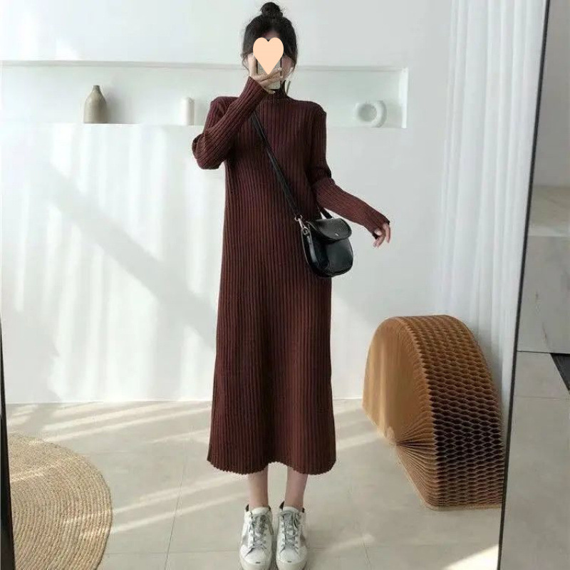 V65048 New knitted bottoming dress for women, autumn and winter high collar, medium and long style, temperament sweater long skirt over the knee