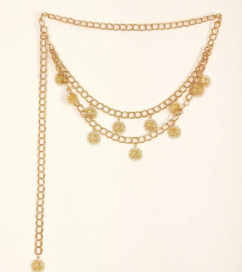Retro Womens Belt Fiery Sun Metal Chain Waist Chain Versatile Ethnic Style Summer Fashion Body Chain Charm Jewelry 241225