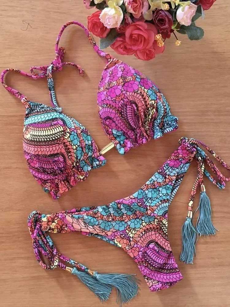 OIINAA Womens Swimsuit Sexy Printed Swimsuit Lace Bikini Set Woven Rope Two Piece Summer Womens Biquinis New Beach WearW241225