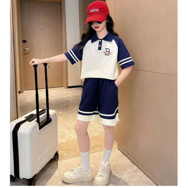 Clothing Sets Summer Teenage Girls Clothes Set Children Girl Lapel Letter Tshirts and Shorts 2pc Suit Kid Striped Top Bottom Outfits TracksuitY241225A