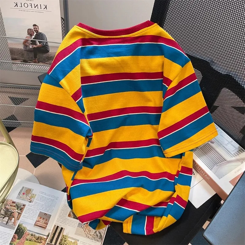 Sense Niche Chic Striped Contrasting Short-sleeved T-shirts Men Women Summer Retro American Fashion Vintage Shoulder Tops 241224