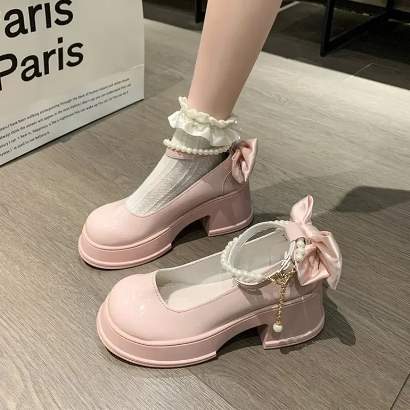Spring/Summer High Heels Shoes Lolita Skirts Pearl Buckles Bow Mary Jane Shoes Womens Shoes Banquet Casual Shoes for Women 241225
