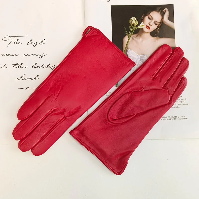 womens leather color gloves sheepskin classic straight style knitted lining spring driving mittens autumn 241225