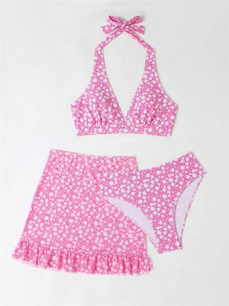 3-piece printed camisole bikini swimsuit with ruffled edge decoration beach skiing swimsuit 2024 womens beachwear womens swimsuitW241225