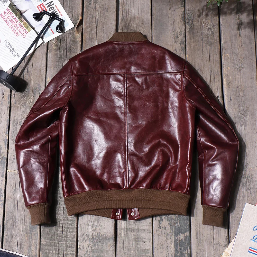 Wax denim retro A1 Flight jacket leather mens genuine leather motorcycle jacket red wine khaki American leather jacket 241224