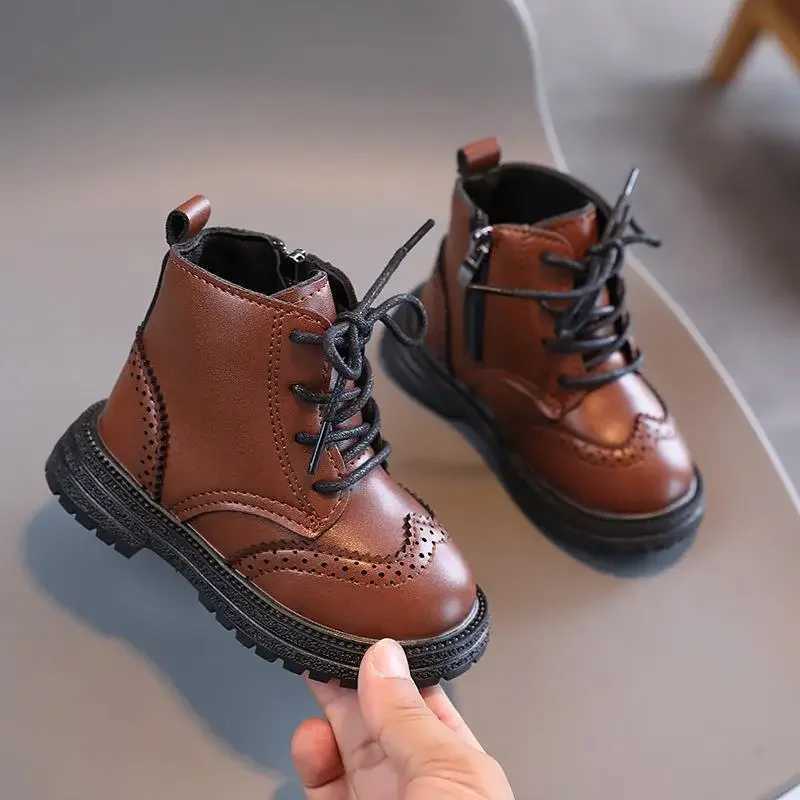Athletic Outdoor Children Winter Boots Lace Up Side Zipper High Top Shoes Non-slip PU Leather Boots Kids Thick Sole Waterproof Hiking Snow Shoes H2412