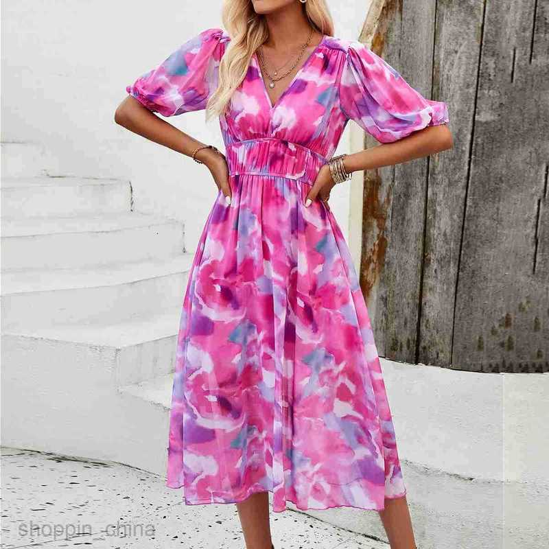 dresses for woman dress women's spring/summer vacation casual print waist cinched V-neck short sleeved long skirt