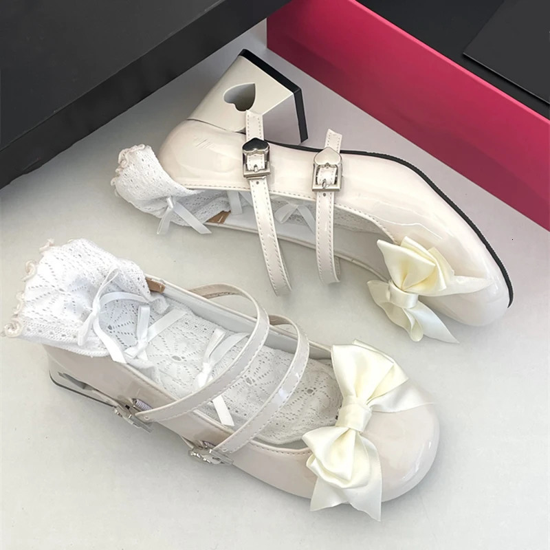 Pink Mary Jane Lolita Shoes Women Autumn Y2K Patent Leather Low Heels Pumps Woman Silk Bowtie Ankle Straps Party Shoes 241225