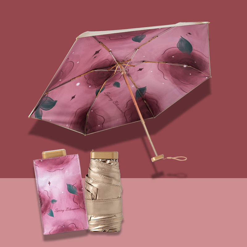 Custom Six-Fold Oil Painting Umbrella with Titanium Gold UV Protection for Women - Portable Folding Pocket Sunshade