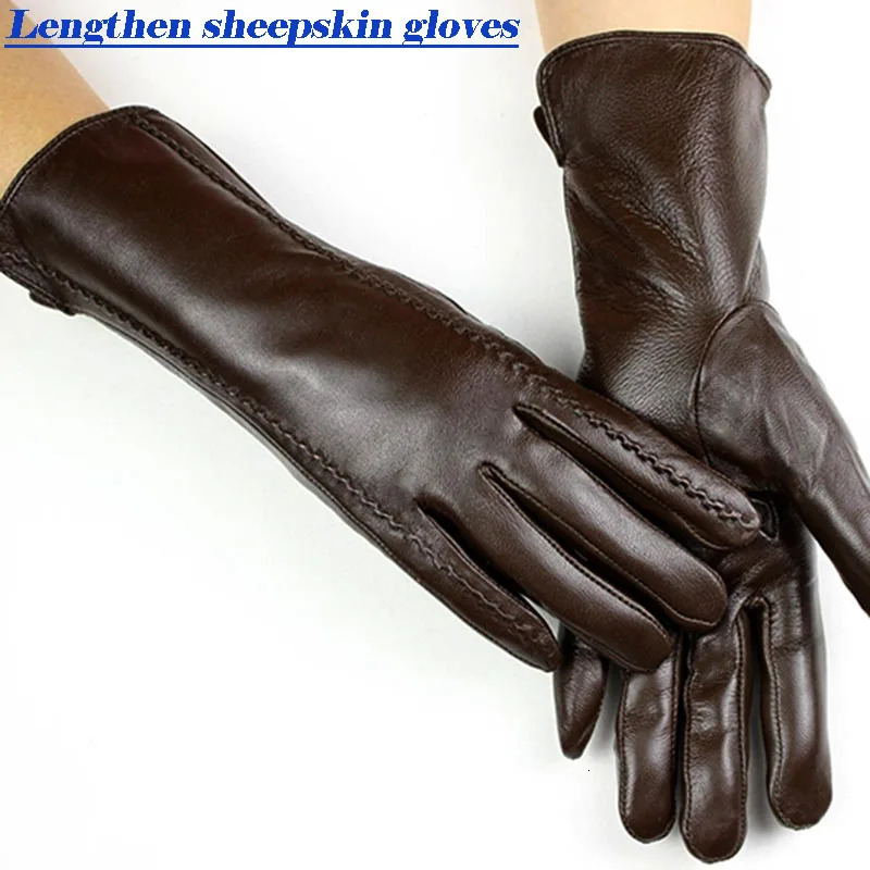 Sheepskin Gloves Womens Mid-Length Striped Style Velvet Lining Autumn and Winter Warmth Ladies Brown Leather Finger Gloves 241225