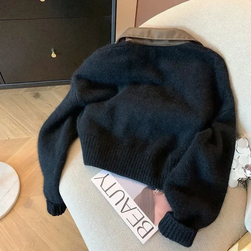 Full Sleeve Solid Women Turn Down Collar Loose Casual Knitted Coats Zipper Autumn Winter 2024 Regular Splice Sweaters Cardigan 241225