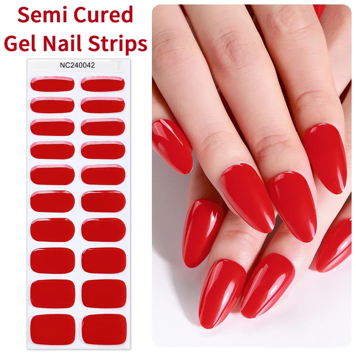 20Tips Red White Black Semi-Cured Gel Nail Wraps Adhesive Waterproof Long Lasting Full Cover Gel Nail Stcikers UV Lamp Need 241225