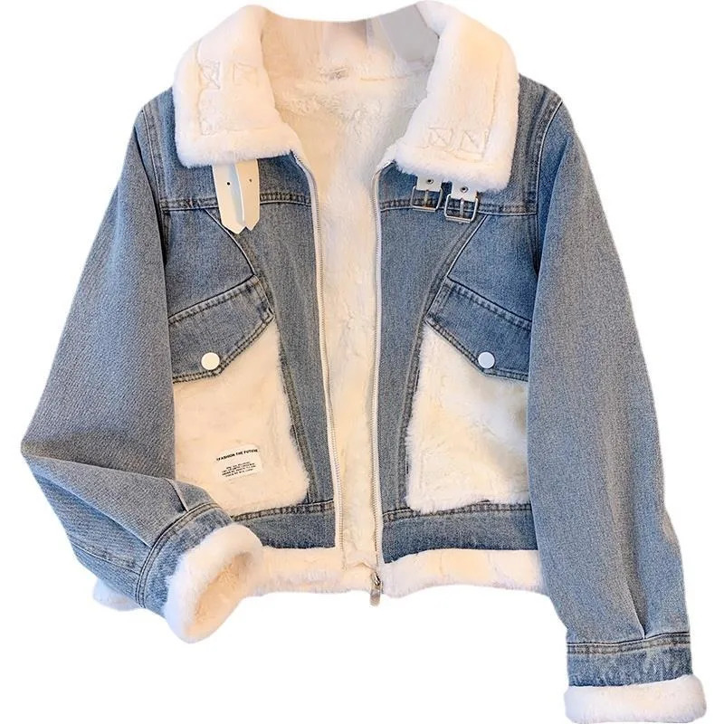 Thickened Lapel Denim Coat Windproof Outerwear Women Fashion Loose Jacket Coat Loose Outerwear Long Sleeved Wool Autumn Winter 241223