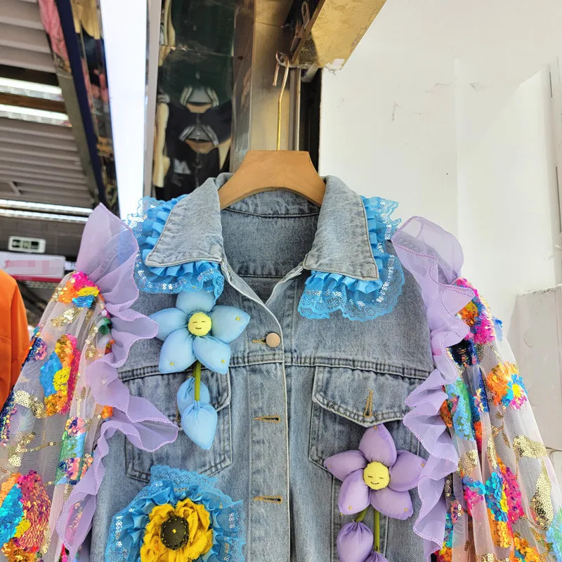 Hem Frayed Big Pocket Denim Jacket Women Multicolour Sequins Mesh Lantern Sleeve Cow Outwear Loose Short Jeans Jackets Female 241223