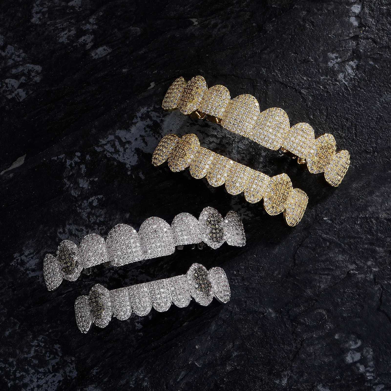 YOUNGX 8/8 Full d Out CZ Stone Dollar Teeth Grillz 14K Gold Plated Zircon Tooth Cs For Women Men Jewelry CosplayXJ241225