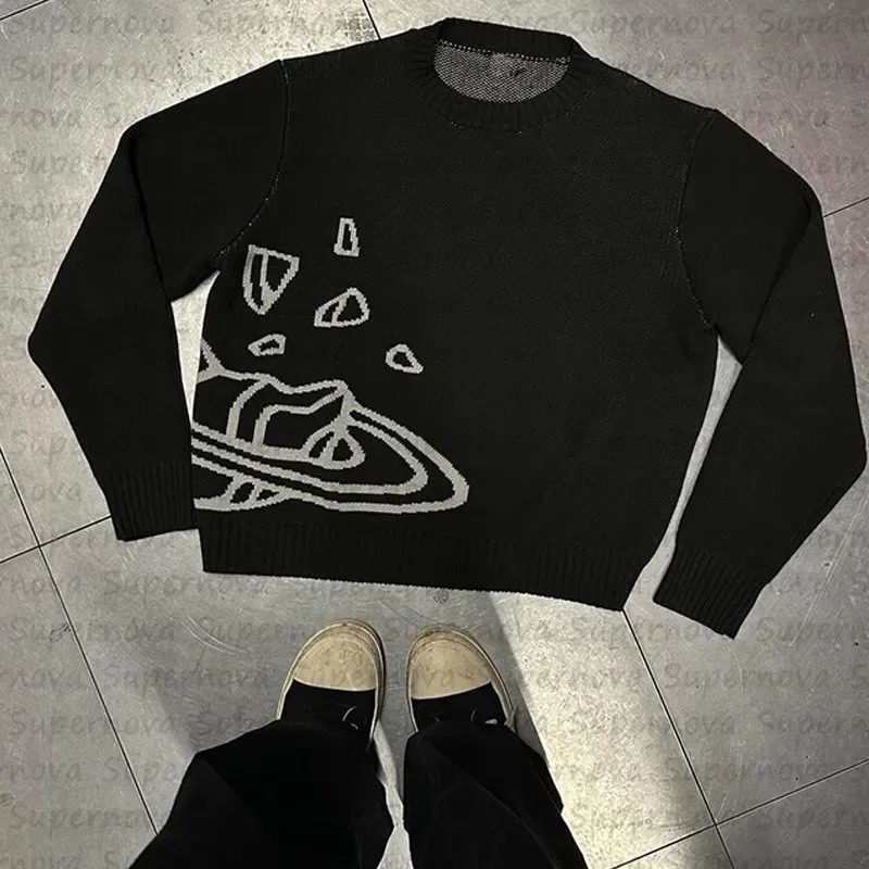 Y2k comfortable clothes sweater planet cosmic star knit jumper teen traf ladies top black thermal mens loose 241225