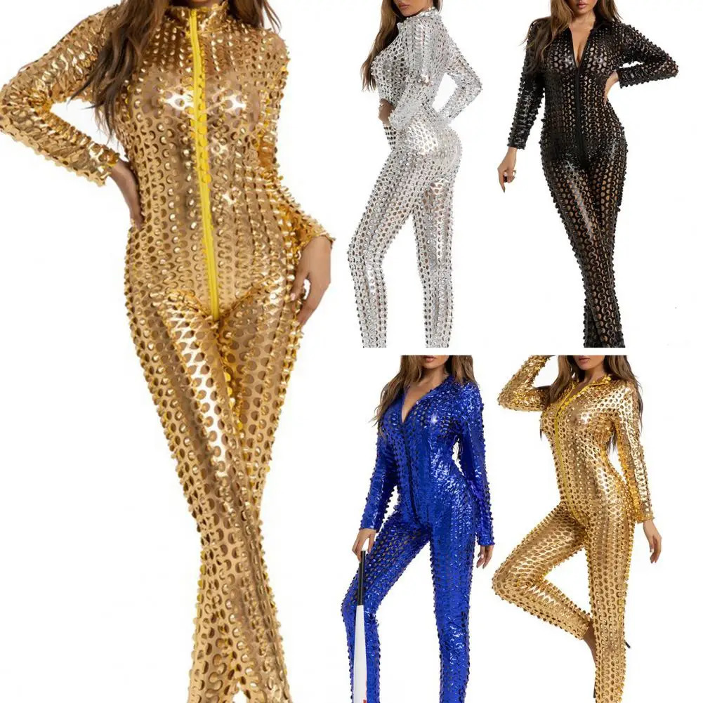 Sexy Women Jumpsuit Leather Skinny Hollow Out Hole Slim Elastic Zipper Club Party DJ Pole Jazz Dance Performance 241225