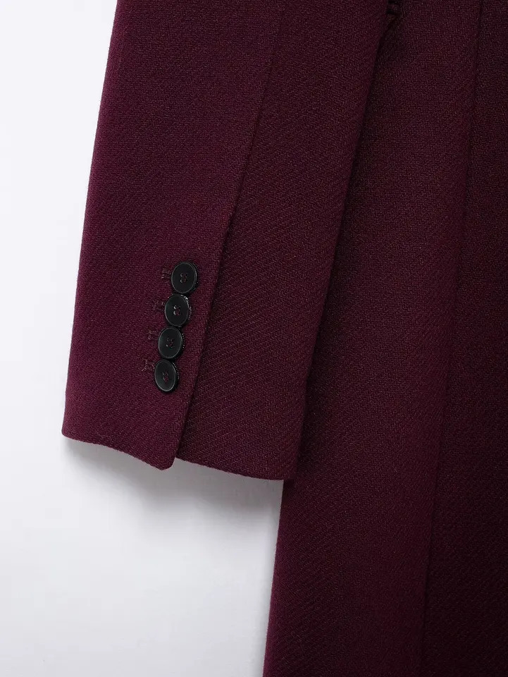 TRAFZA Women Elegant Burgundy Woolen Coat Double Breasted Turn Down Collar Windbreaker Jacket Fashion Lady High Street Outerwear 241225
