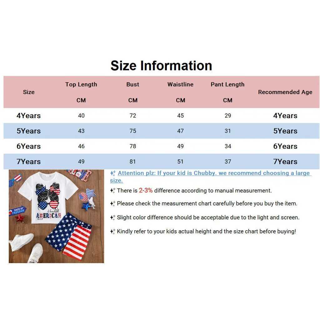 Clothing Sets 2PCS Summer Kids Girls Clothing Set Letter Printed Top+Independence Day Patterned Shorts Fashion Outfits for Children 4-7 YearsY241225VN