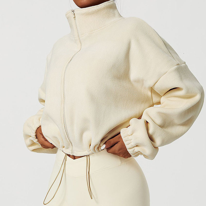 Autumn Winter Polar Fleece Cropped Coat Women Zipper Stand Collar Drawstring Outwear Woman Euro-American Outdoor Sports Jacket