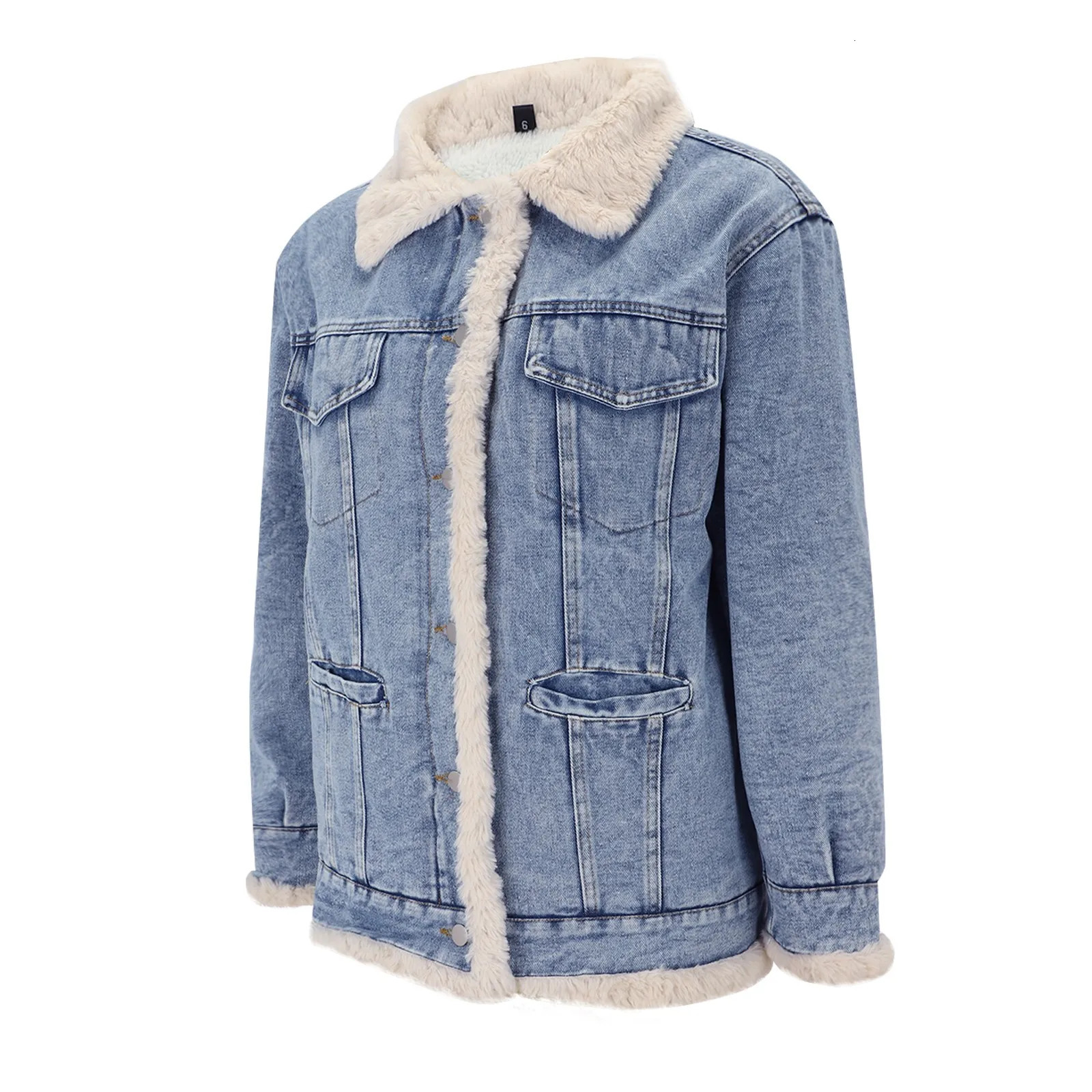 Winter Thicken Fleece Lining Denim Jacket With Fur Collar For WomenFashion Plush Warm Lambs Wool Blue Overcoat Lady Vintage 241220