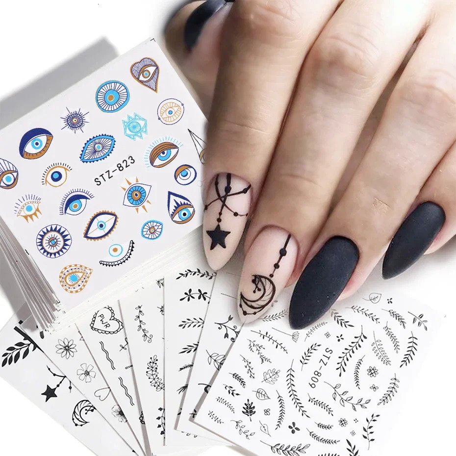 Water Transfer Nail Art Sticker Set Black Lace Flower Leaf Decal Slider Wraps Tips Decor DIY Manicure SASTZ808-855 241225