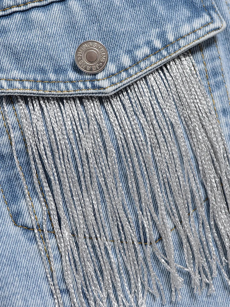 Fitaylor Autumn Winter Women Vintage Long-sleeve Loose Tassel Blue Short Denim Jacket Lady Single Breasted Pocket Jeans Coat 241223