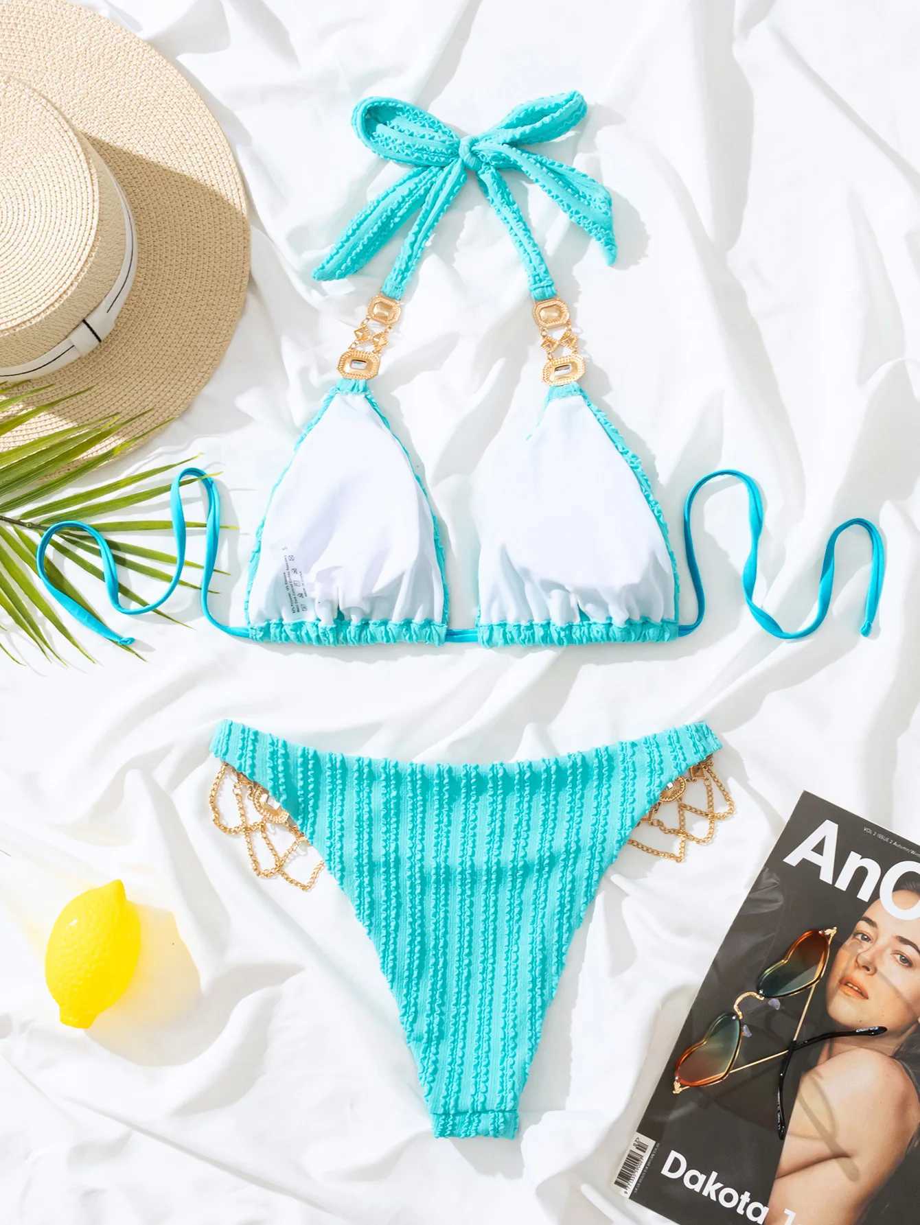 Luxury Rhinestone Diamond Womens Bikini 2024 Sky Blue 2-piece Swimsuit Summer Beach Boom SwimsuitW241225