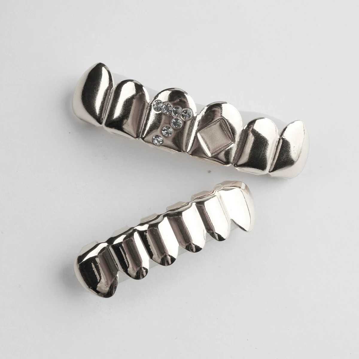 YOUNGX 6/6 Gold Silver Color Number 7 Zircon Teeth Grillz Hip Hop Pattern Tooth Cs For Women Men Jewelry Cosplay GiftXJ241225