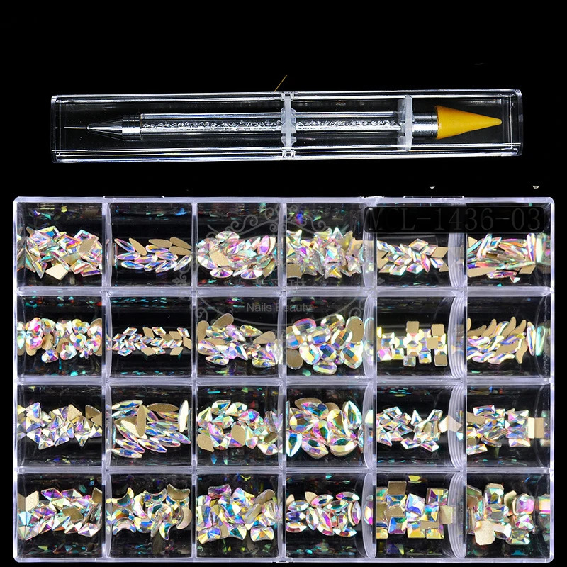 Nail Rhinestone Set 480pcs/Box With One PC Dot Pen Crystals AB DIY Rhinestones Gold Bottom Glass Stones For Nail Art Accessories 241225