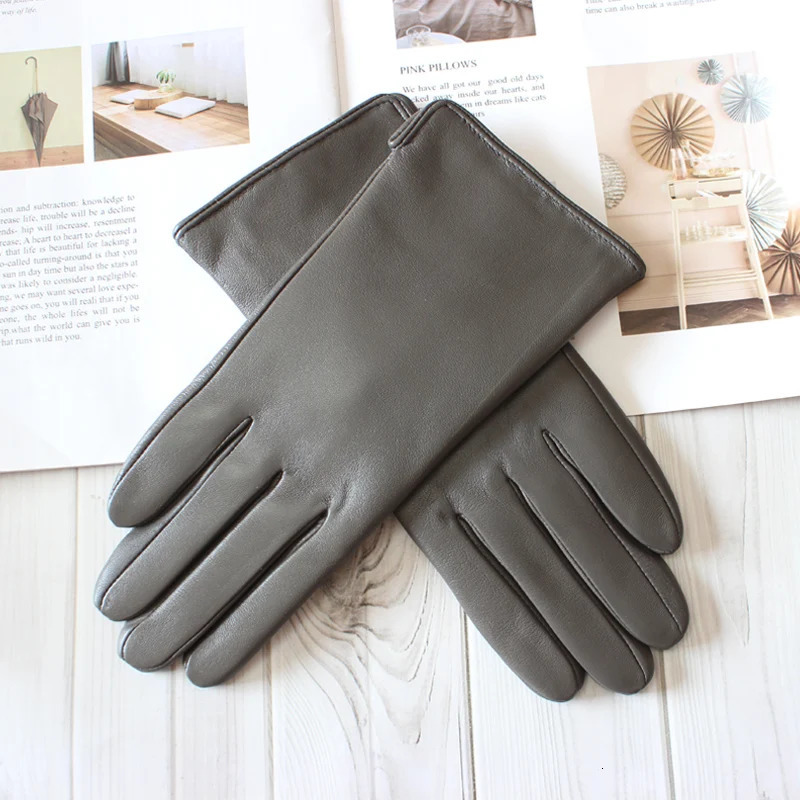 womens leather color gloves sheepskin classic straight style knitted lining spring driving mittens autumn 241225