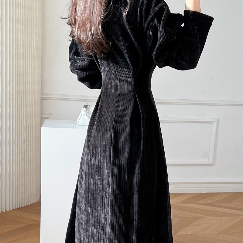 M3013 Corduroy long-sleeved dress for women, autumn and winter, with coat, inner wear, elegant and high-end winter long dress