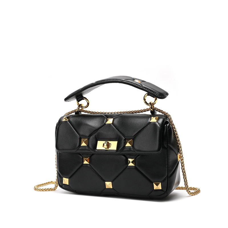 New women's bag Napa sheepskin retro handbag with diamond grid chain and large rivet bag temperament, crossbody shoulder bag