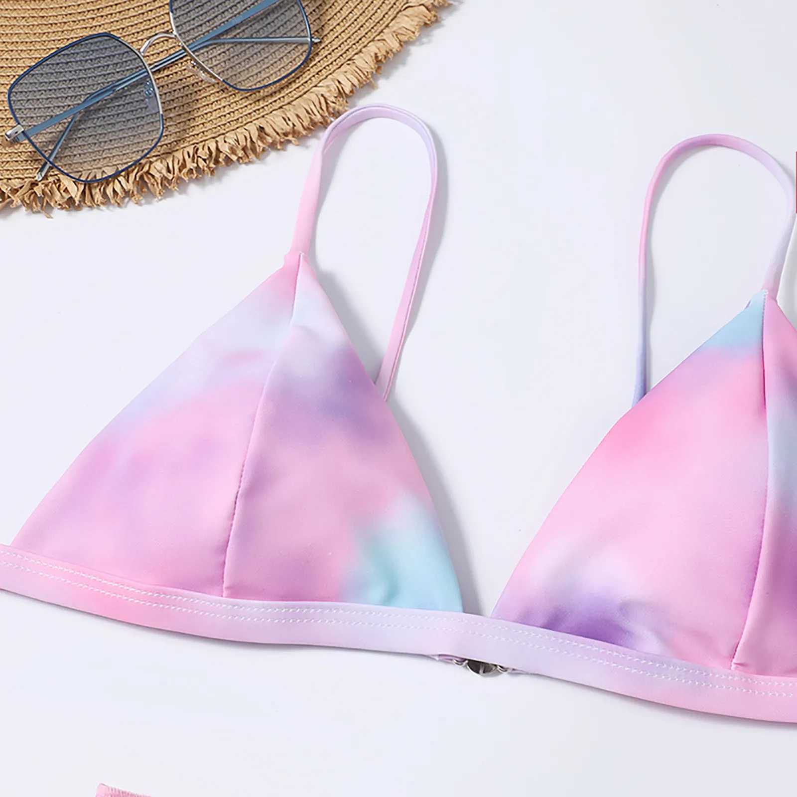 Cute bikini top swimsuit womens bikini mesh style tight fitting womens waist three piece split tie dye printingW241225