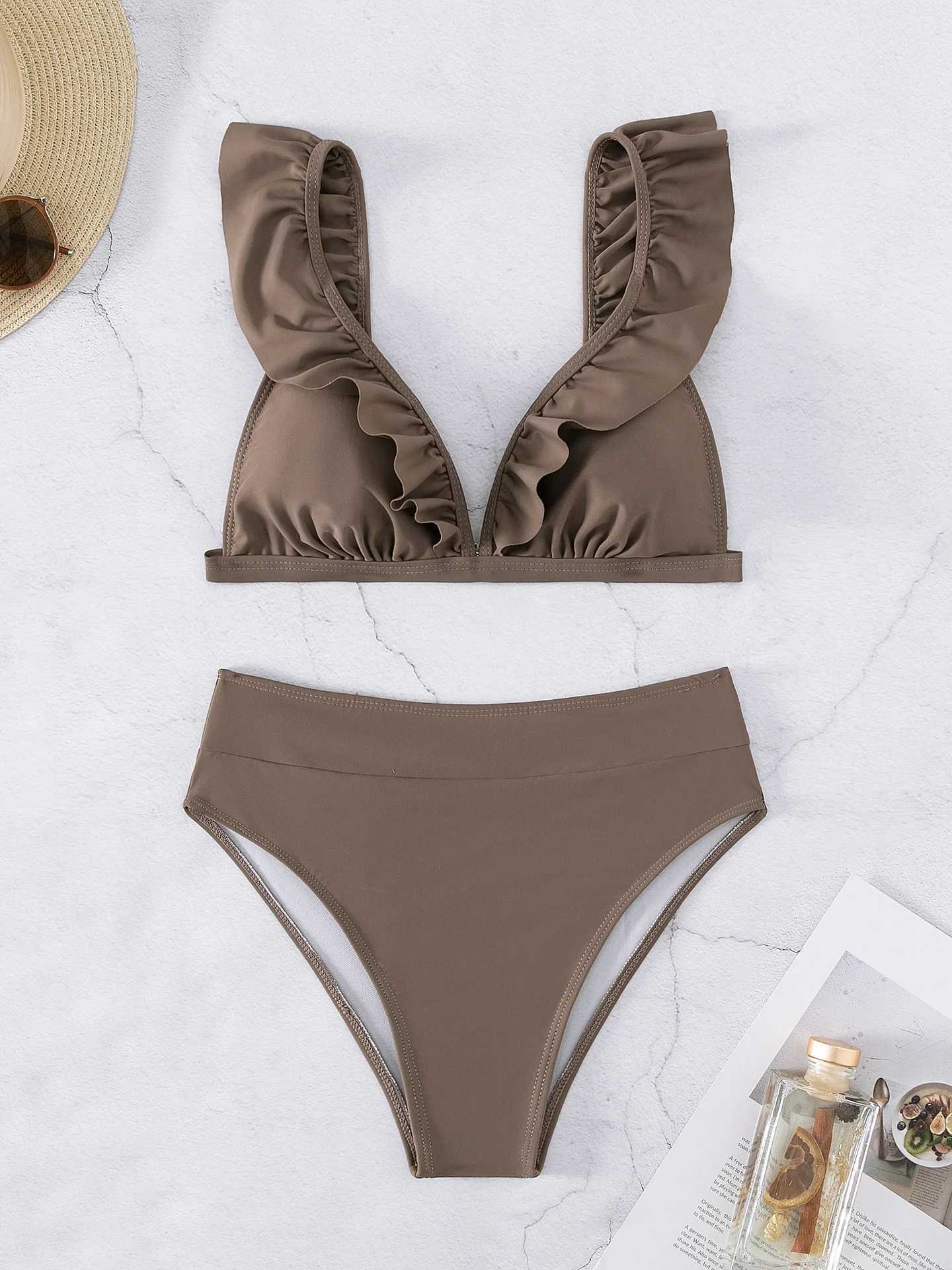 Sexy Ruffle V Bra Push Up Bikini Set 2024 Womens Red Ruffle High Waist Swimsuit Summer Swimsuit 2-Piece Swimsuit Beach WearW241225