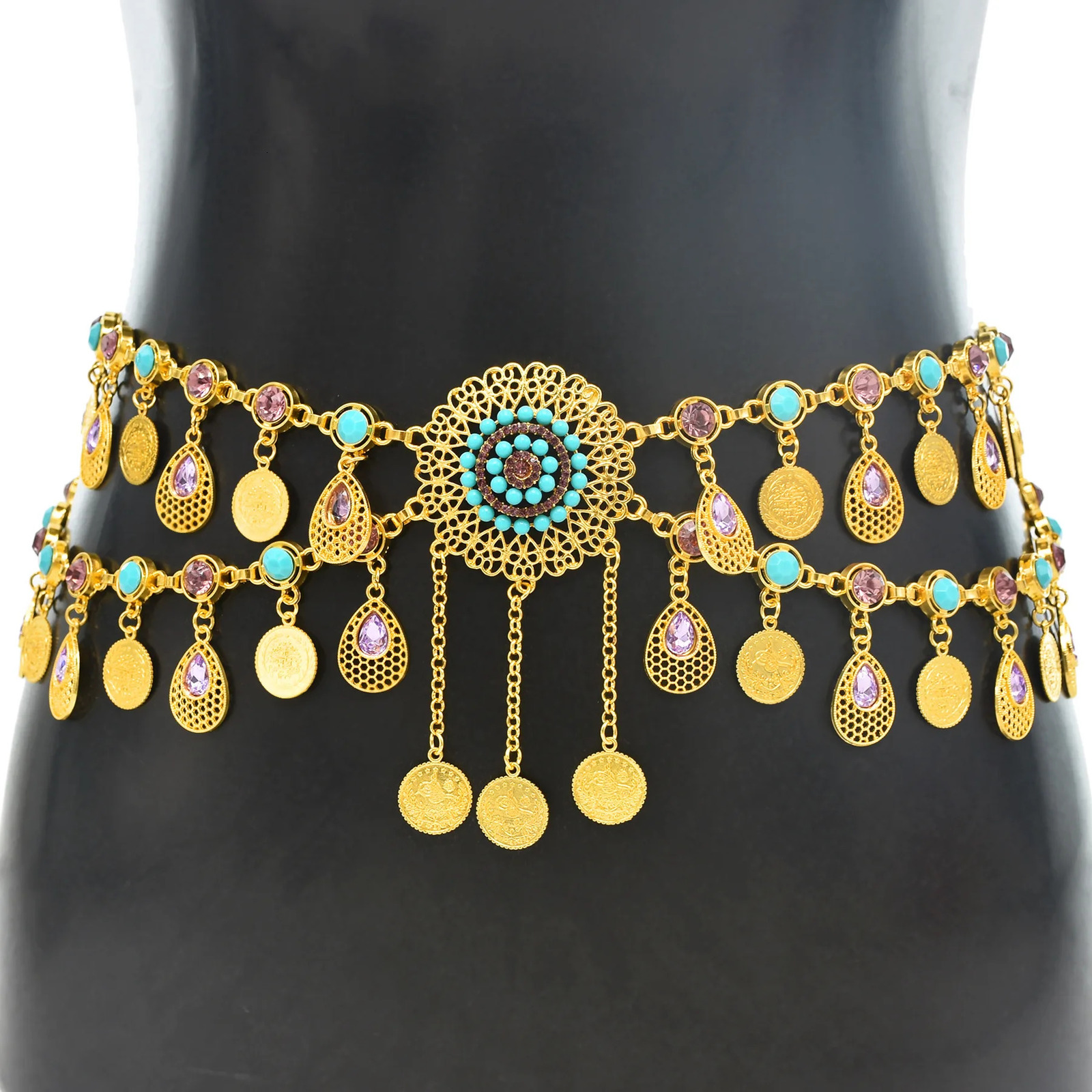 Bohemian Style Fashion Jewelry Coins Hollow Waterdrop Tassel Belly Dance Waist Chain Womens Party Jewelry Accessory Gift 241225