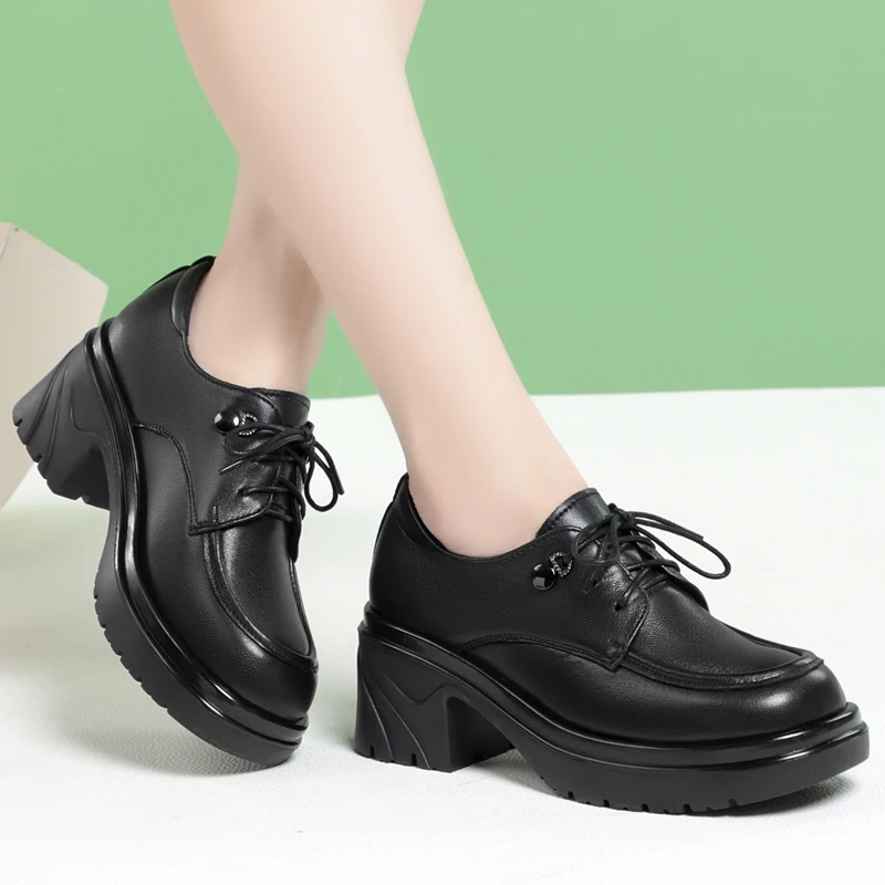 AIYUQI Women Loafers High-heel Fashion Genuine Leather Platform Women British Style Shoes Large Size Spring Shoes Women