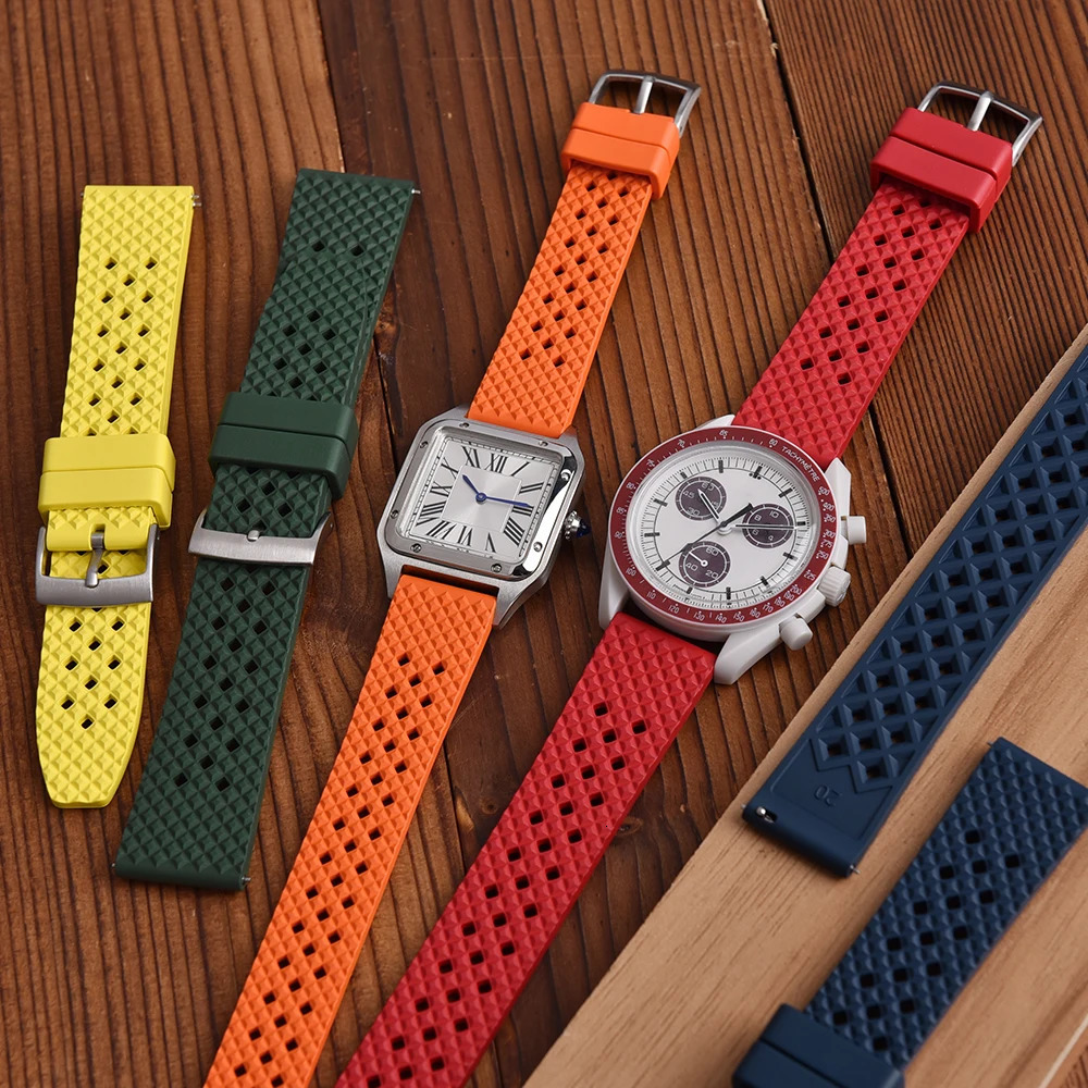 High Quality Honeycomb FKM Rubber Watch Strap 20mm22mm Waterproof Diving Quick Release Fluororubber Breathable Rubber WatchBands 241225