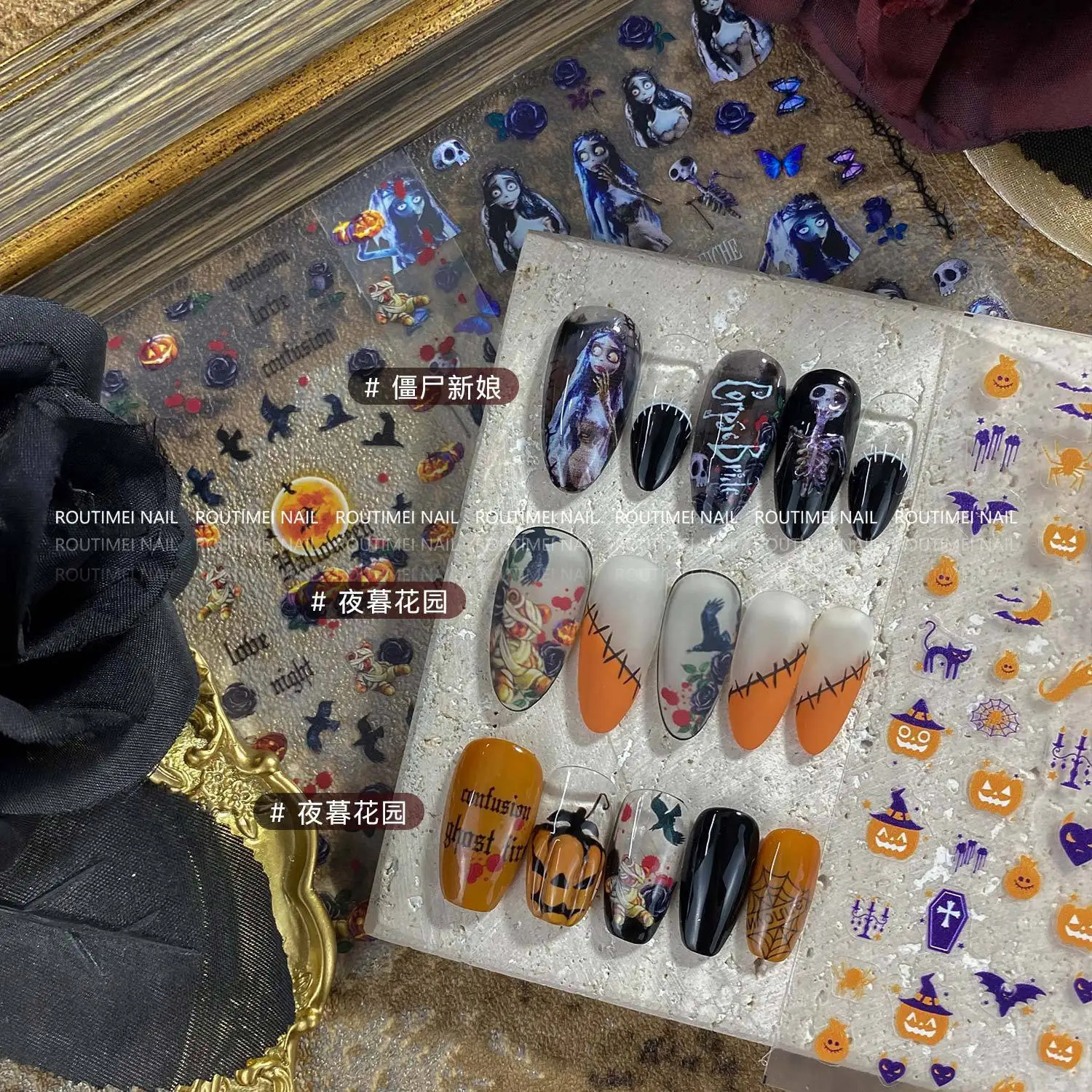3pcs Halloween Sticker Nail Decal Holly Tangerines Cartoon Corpse bride pumpkin head Nail n Decoration SNTZ47 241225