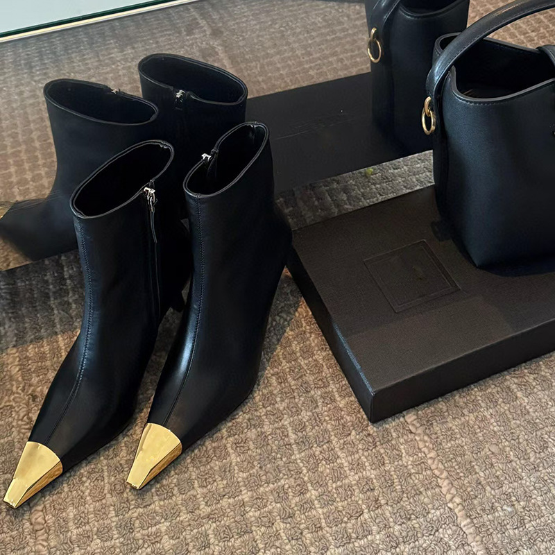 24X1 New 2024 Metal Small Square Toe Slim Heel High-Heeled Shoes Versatile, Fashionable And Comfortable, Side Zipper Short Boots For Women