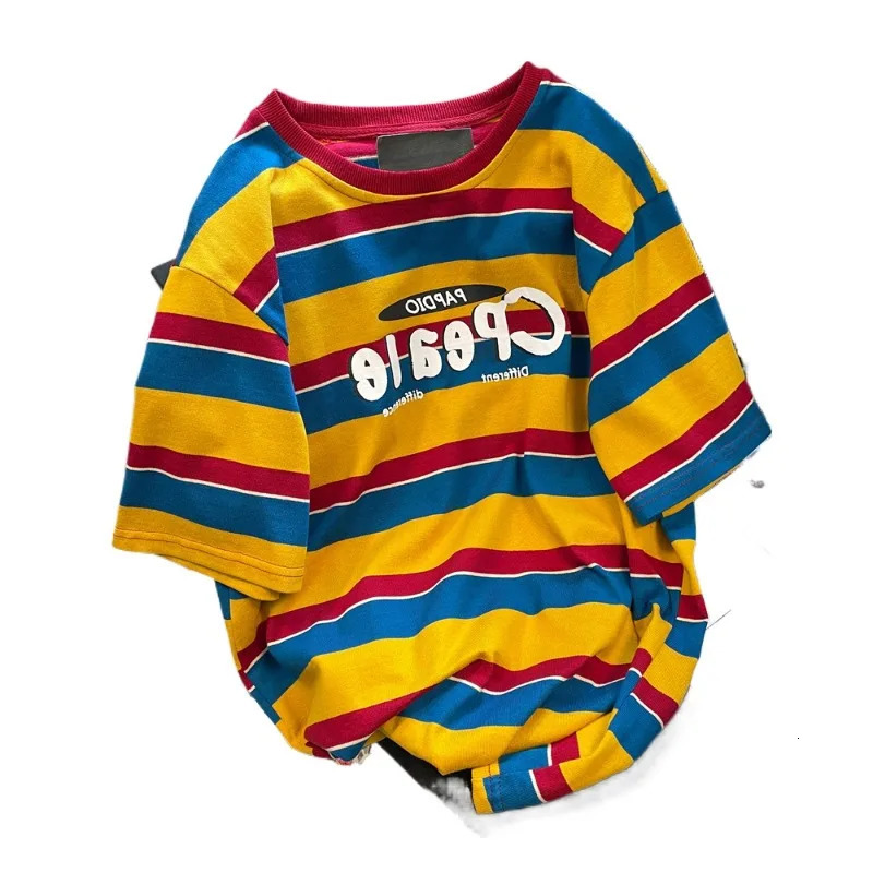 Sense Niche Chic Striped Contrasting Short-sleeved T-shirts Men Women Summer Retro American Fashion Vintage Shoulder Tops 241224